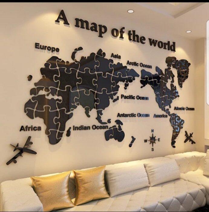 【閨蜜派】世界拼圖地圖3D立體水晶壓克力客廳電視沙發背景牆臥室書房兒童房
