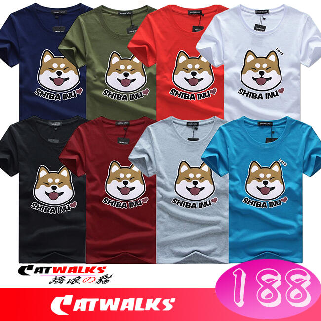 Catwalk's- 日系手繪風可愛柴犬印花短袖棉T ( 深藍、軍綠、紅色、白色、黑色、酒紅、灰色、水藍 ) M-5L