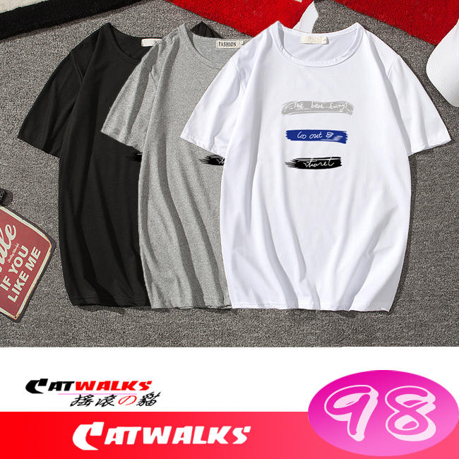 【 Catwalk's 搖滾の貓 】超值簡約風舒適款文字印花圓領短袖棉T ( 黑色、灰色、白色 ) M-3L