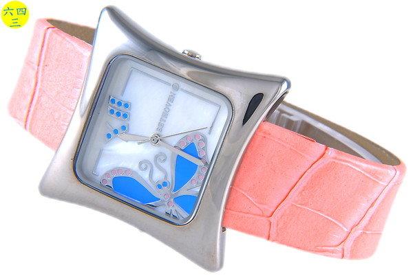 @(六四三精品)@BETHOVEN(真品)特殊方型蝴蝶圖型貝殼面盤.粉紅色錶帶!