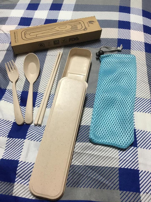 環保小麥秸稈盒裝餐具 三件組（湯匙＋叉子＋筷子）附套袋 旅行攜帶組