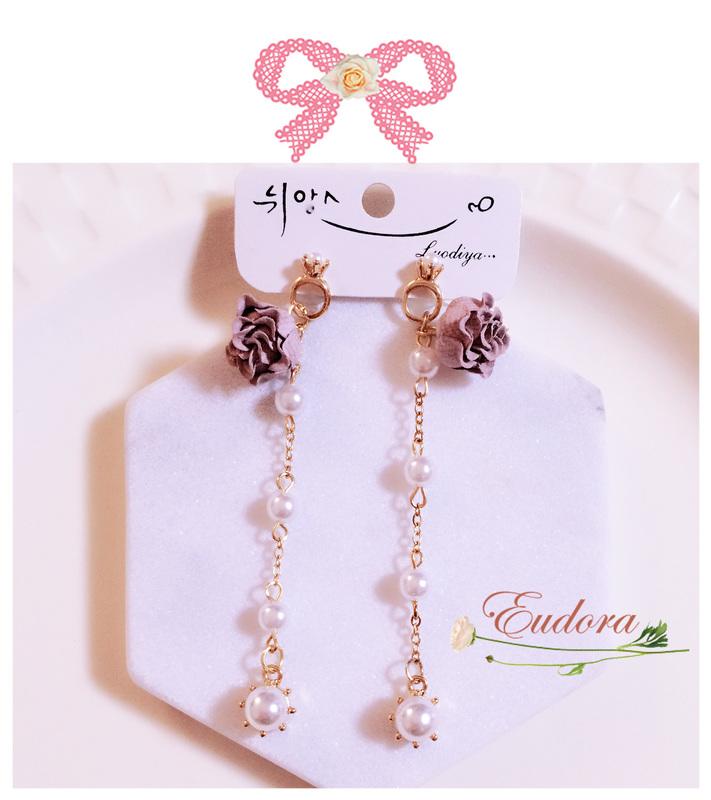 [韓國空運]現貨*甜美小戒環造型立體珍珠花兒耳環
