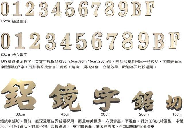 【文具通】新型圓弧燙金 門牌 標示牌 英文字 數字 可貼 約20cm 餐飲飯店小吃 0~9 F.B AA01
