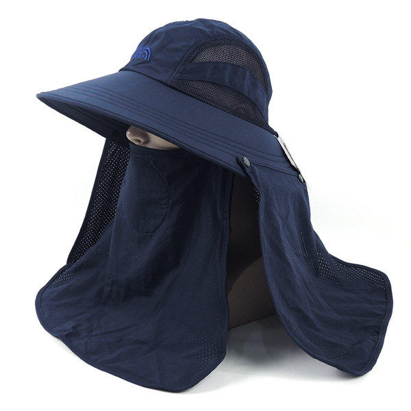 抗UV.吸濕排汗-可拆型兩側透氣洞洞款全面防護系列之大面積抗防曬雙層口罩遮陽帽-藍
