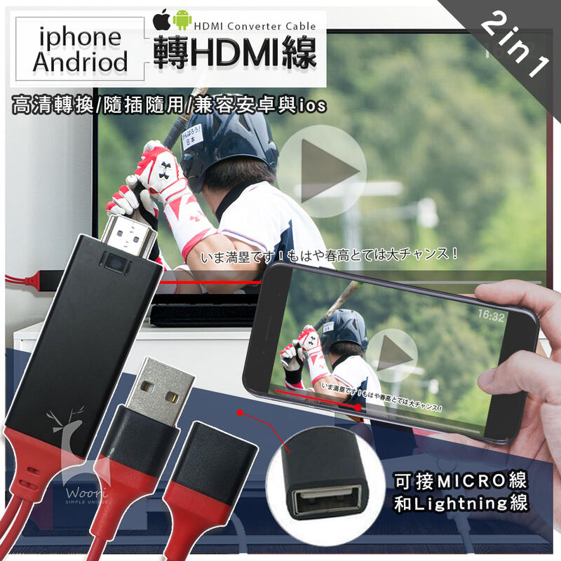 HDMI 手機to電視轉接線 即插即用 安卓蘋果可用 視頻轉換線 免設定 免安裝 1080P畫質 小螢幕變大螢幕