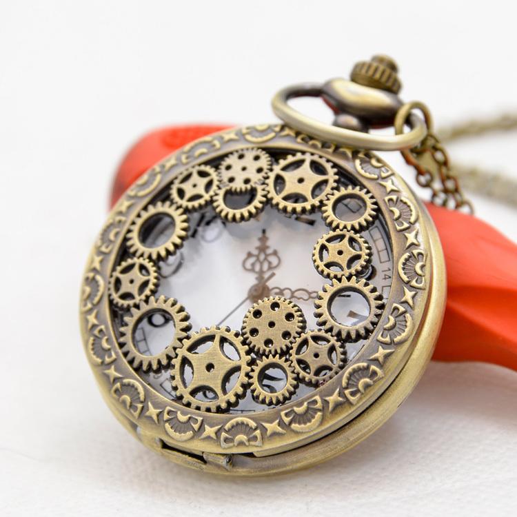 鏤空齒輪復古翻蓋懷錶項鏈女韓版時尚時裝表學生表