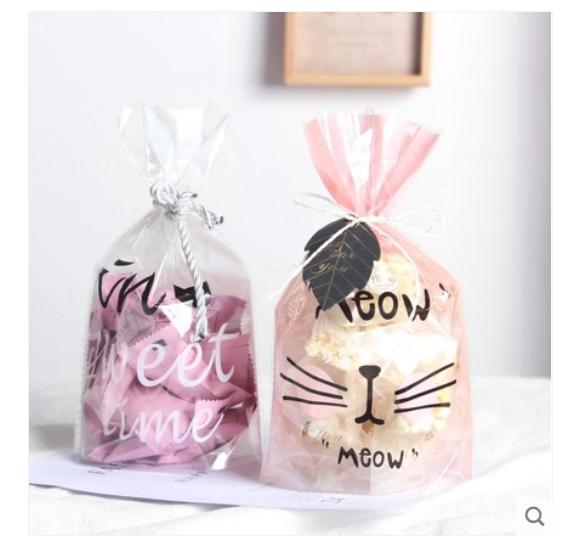 Amy烘焙網:50入/粉色卡通兔子包裝袋/黑白小貓餅乾包裝袋/立體底部包裝袋/手工皂包裝袋
