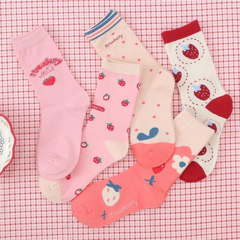 襪子 中筒襪 可愛粉色草莓水果棉質襪