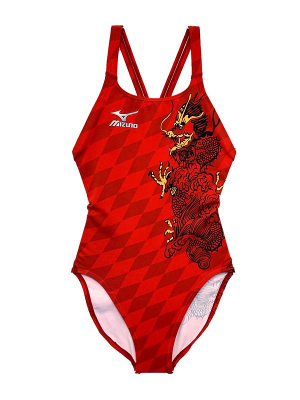 O號美津濃Mizuno 女競賽型泳衣Mighty Line 中叉-紅(龍) 日本製原價3980 