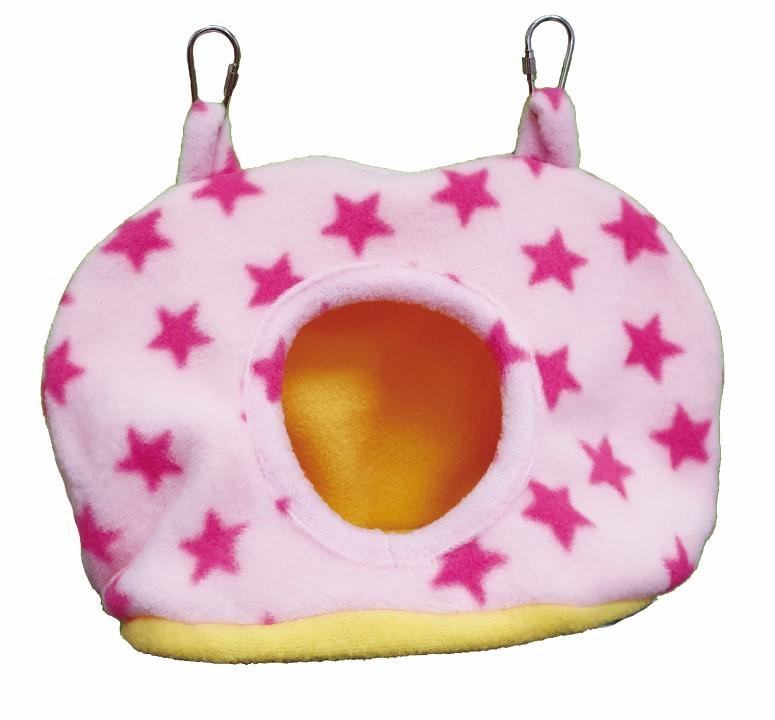 LOVEBI->幽浮造型鳥窩-粉紅星星亮黃色刷毛布-小/台灣製/保暖、可清洗、可反覆使用/適合小型鸚鵡、松鼠、蜜袋鼯