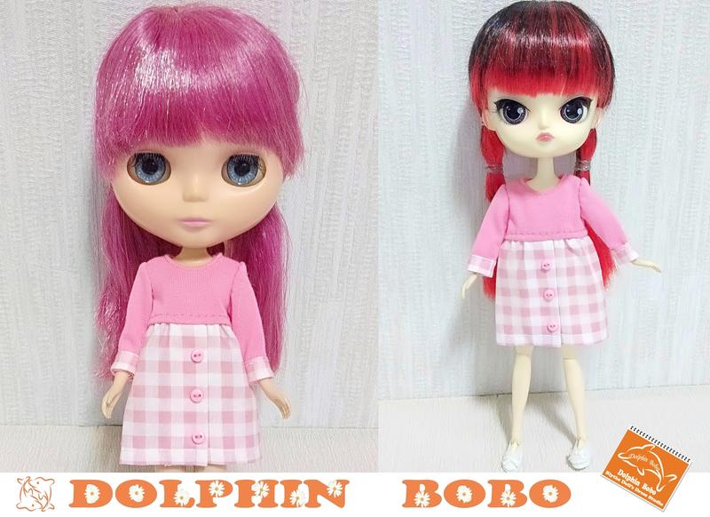 Dolphin Bobo娃衣工作室~粉紅色拼接粉白格紋洋裝