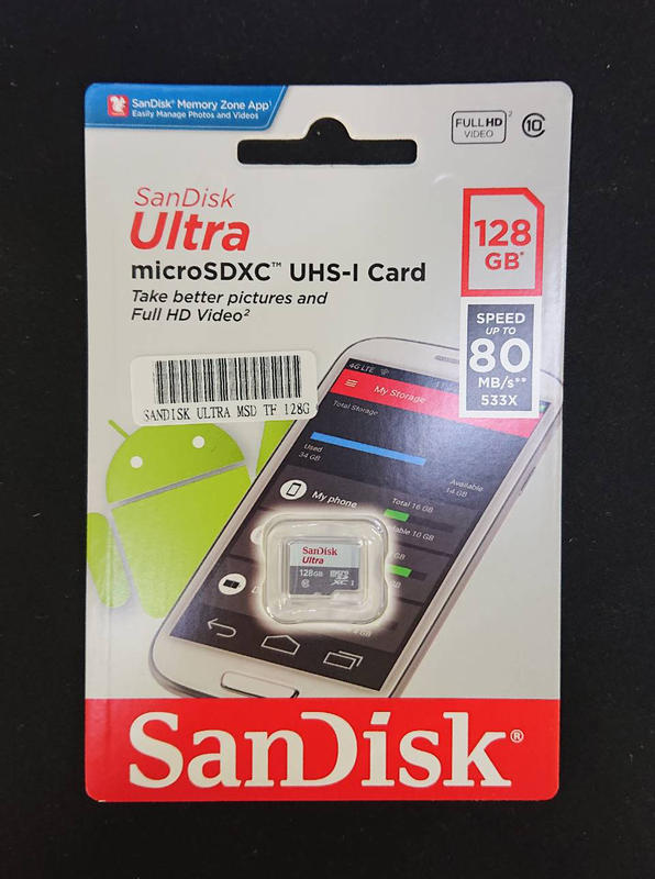 SanDisk ULTRA Micro SDXC 128G/Class10/80MB/s/無轉接卡