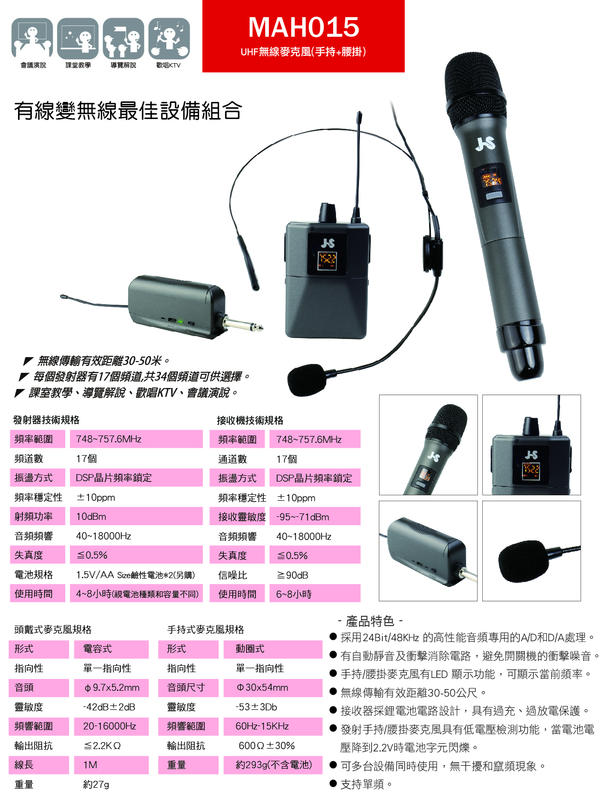 【誠信】UHF 無線麥克風(手持 / 頭戴+腰掛) MAH015 有線 轉換 無線麥克風