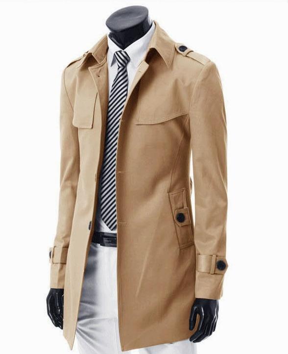 新款時尚男裝 雙排扣腰帶裝飾修身 長風衣男士時尚大翻領外套
