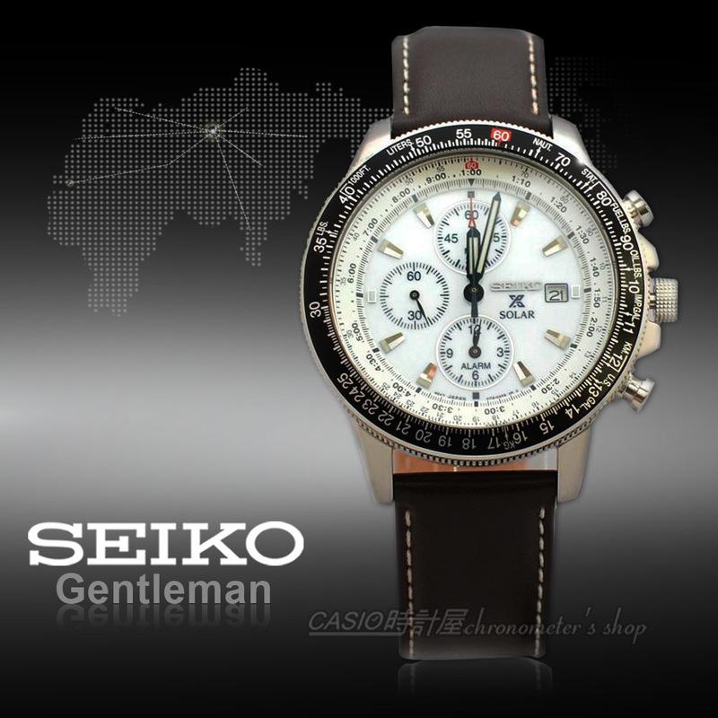 CASIO時計屋SEIKO 精工手錶SSC013P1 太陽能飛行男錶皮革錶帶白防水