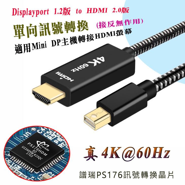PC-139 高階影像螢幕線 1.2版 mini DP to HDMI 2.0 影音同步 4K@60Hz 繪圖設計必備