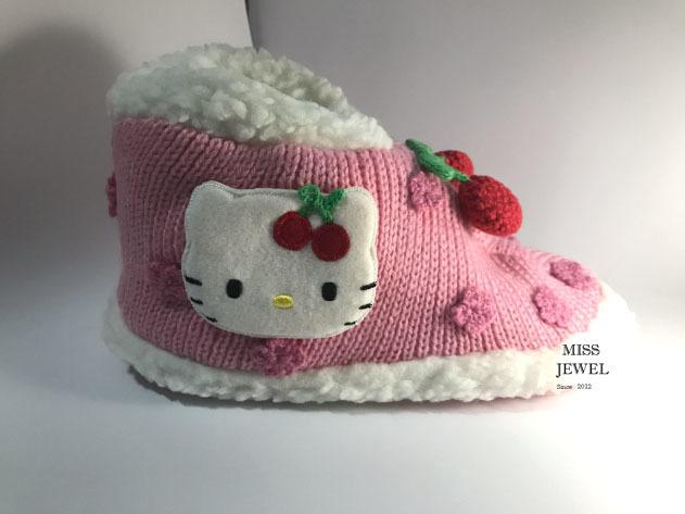 {Miss Jewel}Hello Kitty櫻桃全包式毛線絨毛溫暖室內拖鞋另贈送同款毛線襪