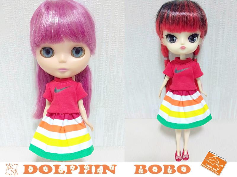 Dolphin Bobo娃衣工作室~紅色T恤100元+彩色條紋裙子120元(可單買)