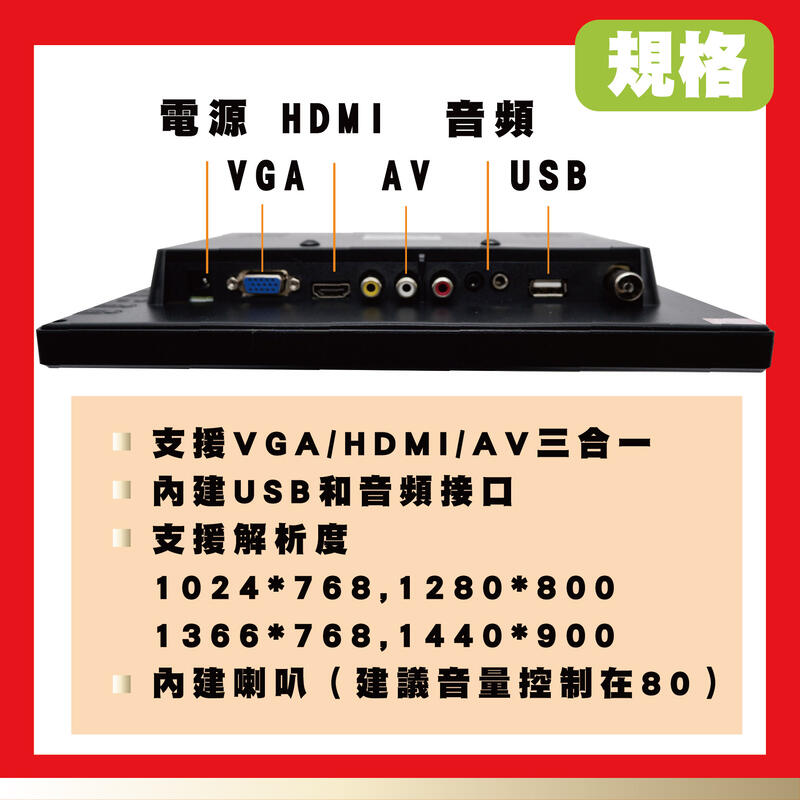 10吋液晶顯示器 10吋監視器顯示螢幕 10吋攜帶螢幕VGA+HDMI+USB+AV+音頻 (含稅)