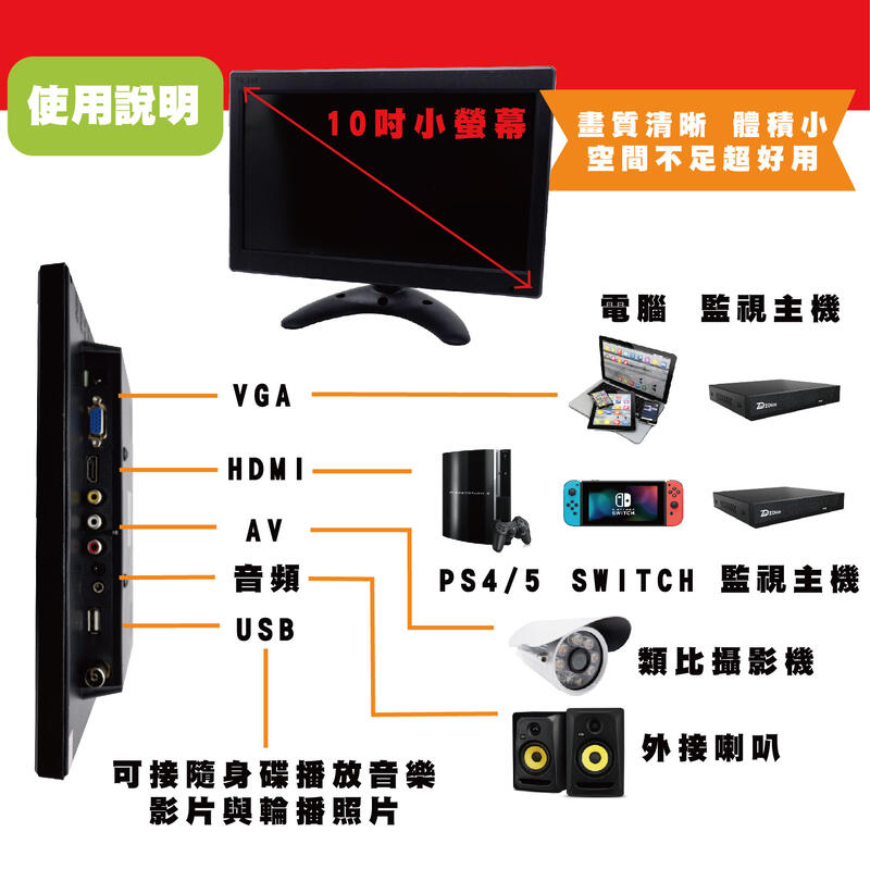 10吋液晶顯示器 10吋監視器顯示螢幕 10吋攜帶螢幕VGA+HDMI+USB+AV+音頻 (含稅)