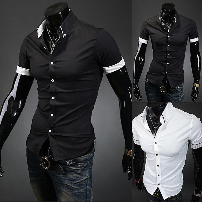 2014新款 時尚包邊 熱銷爆款內襯條紋 男士修身短袖襯衫 5026