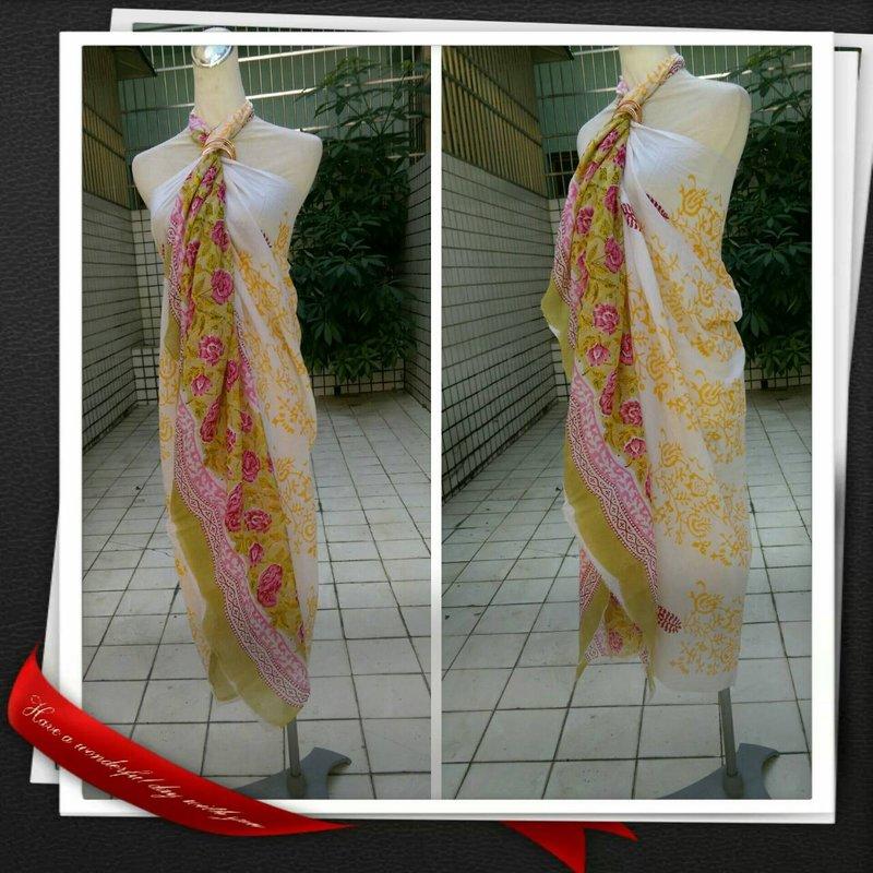 『 Mayalu 』印度 Jaipur 披肩(巾) 沙龍 純棉手工蓋印染 DS1524白底鵝黃線條桃紅花