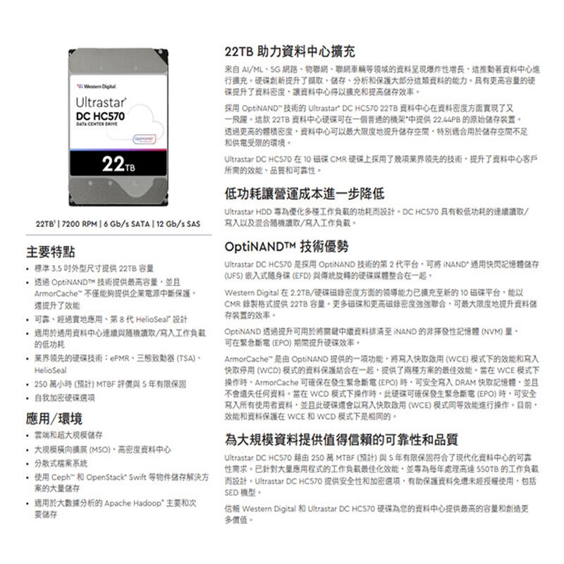 5Cgo【權宇】WD西數 HC570 WUH722222ALE6L4 22TB3.5寸SATA3氦氣伺服器企業級存儲含稅