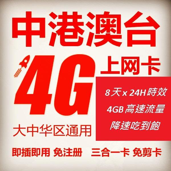 大中華4G LTE上網卡中國大陸香港澳門台灣中國移動中國聯通上網卡網路卡免翻牆免VPN可FB可LINE可IG