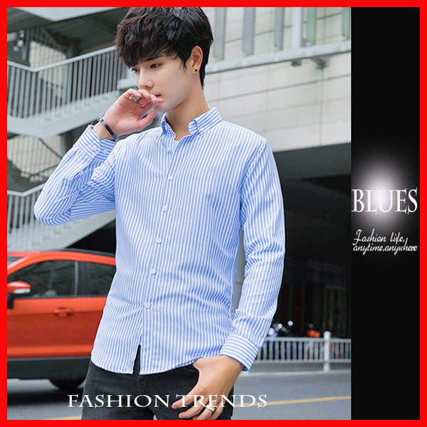 【Blues】S577-台灣現貨 簡潔時尚氣質淺藍條紋長袖襯衫 日系 窄身 休閒 英倫 韓系