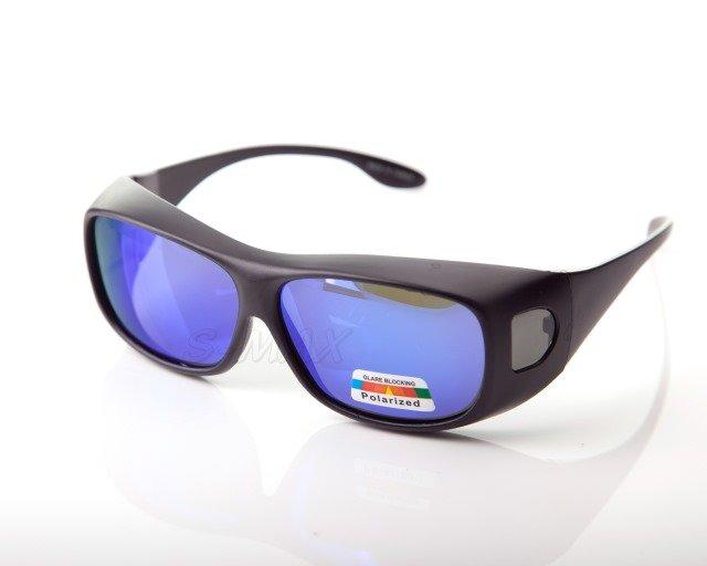 【S-MAX專業代理款】頂級電鍍偏光 可包覆近視眼鏡於內！Polarized寶麗來偏光太陽眼鏡(霧黑框搭配深藍多層膜電鍍