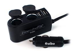 Qc3.0快充，BSMI認證aibo AB432車用USB點煙器擴充座(雙USB埠+雙點煙器+80cm延長線)