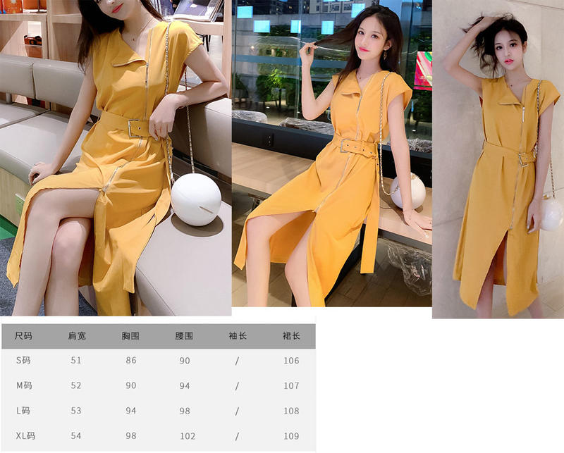 實拍夏季新款韓版不規則開叉連衣裙無袖V領不對稱中長裙 •	顏色分類:黃色