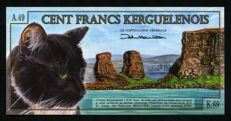 【麟雅堂】法屬凱爾蓋朗島（Kerguelen Islands）2010年100-Francs塑膠鈔，離陸地最遠的島，黑貓