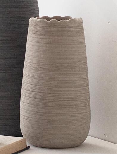 7324A 日式 陶瓷拉絲手工花瓶 復古簡約線條陶瓷瓶 米灰色粗陶插花花器擺飾陶瓷花瓶禮物裝飾瓶