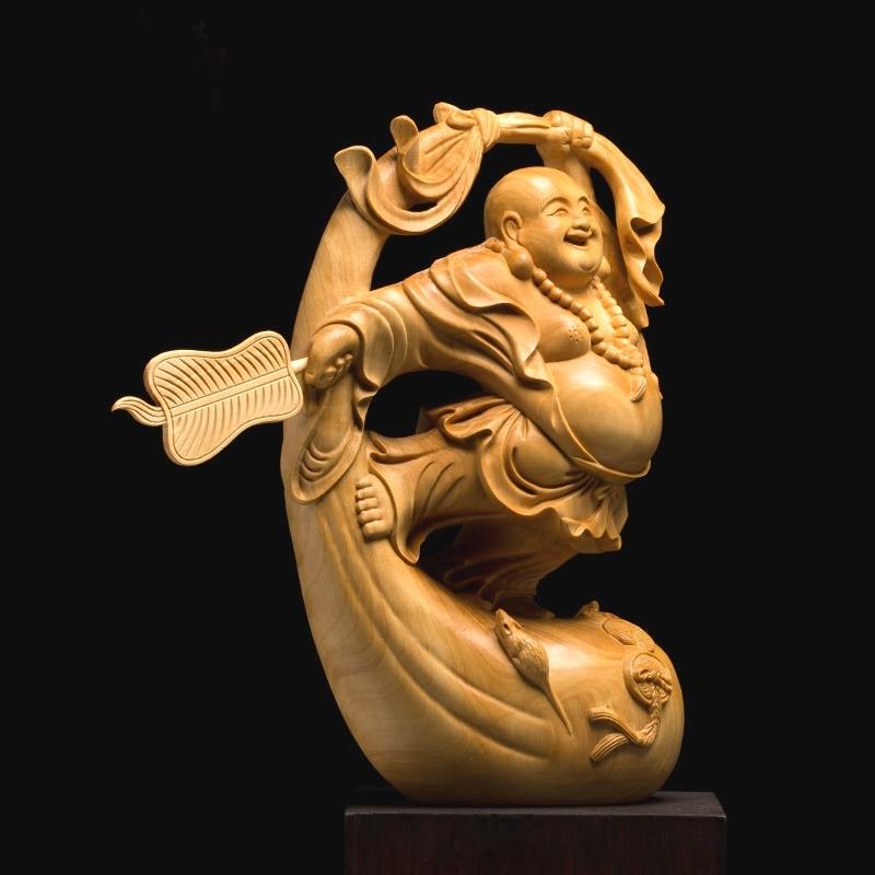 美品 黄楊木 彫刻する 弥勒仏 大腹仏 笑仏 仏像 工芸品 置物-