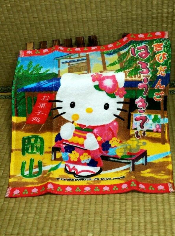 購於日本吉備糰子きびだんごHELLO KITT岡山限定圖案日本製小毛巾方巾