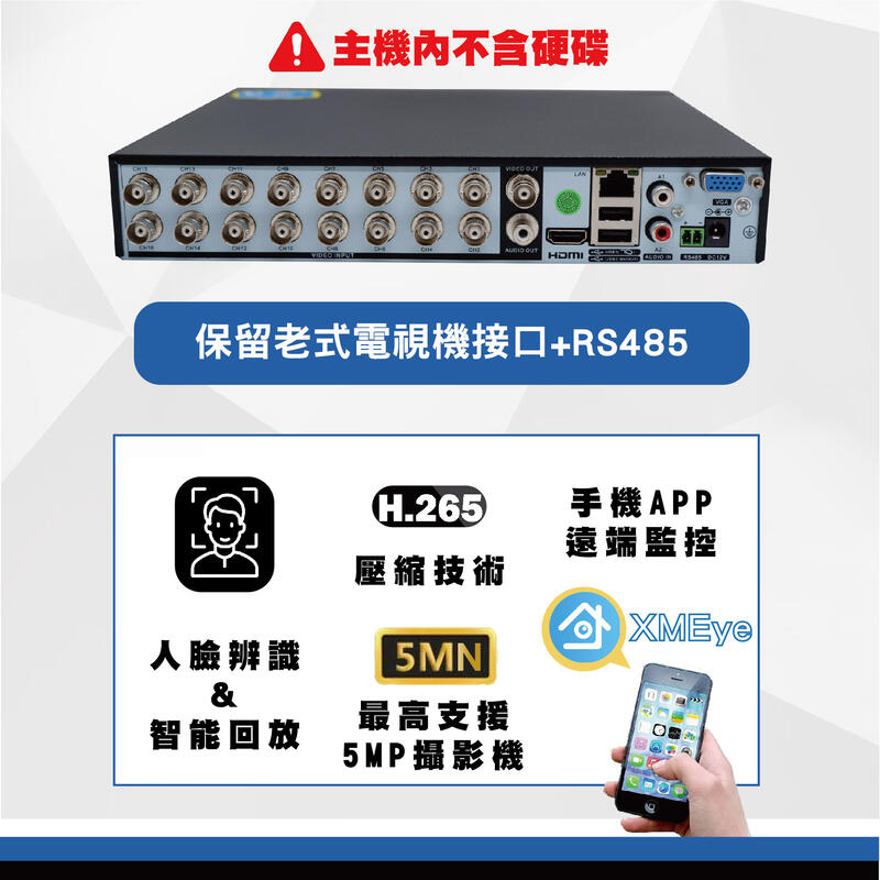 雄邁AHD CVI TVI 類比 H.265 五百萬畫素16路DVR 手機監控 監控主機 錄影主機 遠端監控(含稅)