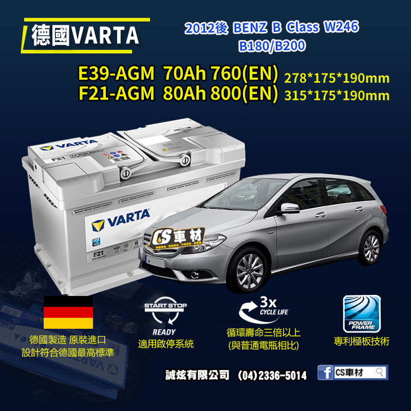 CS車材-VARTA 華達電池 BENZ B CLASS W246 12年後 E39 F21 代客安裝