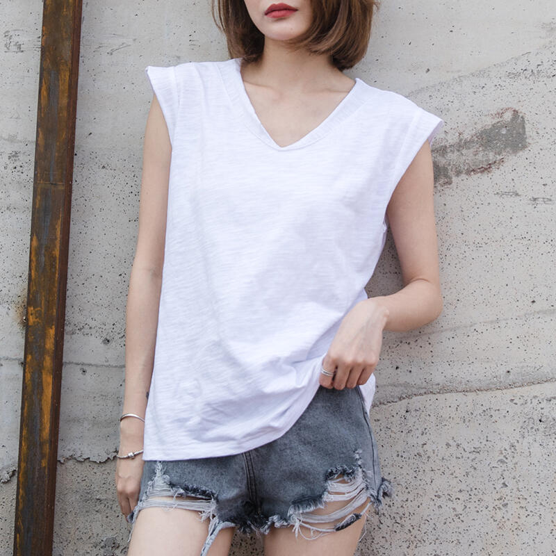 韓國夏季寬鬆短袖竹節棉內搭休閒t恤女裝上衣純棉白色v領捲邊女衫