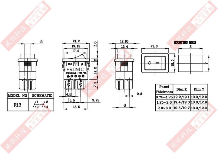 5011 B PRONIC R13 4P2 ON OFF 10A125VAC