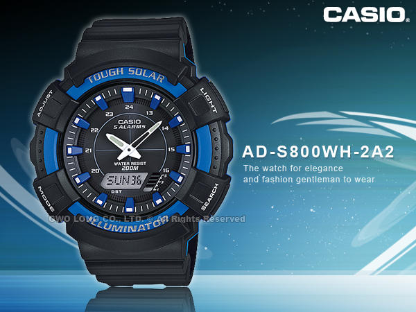 CASIO 卡西歐 手錶專賣店 AD-S800WH-2A2 黑藍 太陽能電力 防水 200M 五組每日鬧鈴 整點報時
