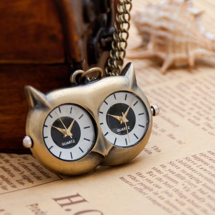 新款雙機貓頭鷹懷錶項鏈 韓版 時尚時裝表