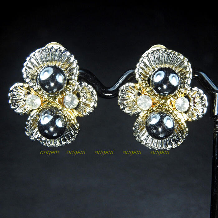 珍珠林~展示品出清 6MM黑膽石金白雙色夾式耳環 數量有限 售完為止#916