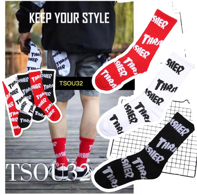 韓國街頭THRASHER長襪系列 字母運動 中筒 滑板 襪子 原宿風 男女 情侶 長襪
