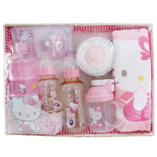  【美國媽咪】正版授權 凱蒂貓 Hello Kitty 嬰兒用品彌月禮盒 新生兒 禮盒組 附提袋 台灣製造 PES奶瓶