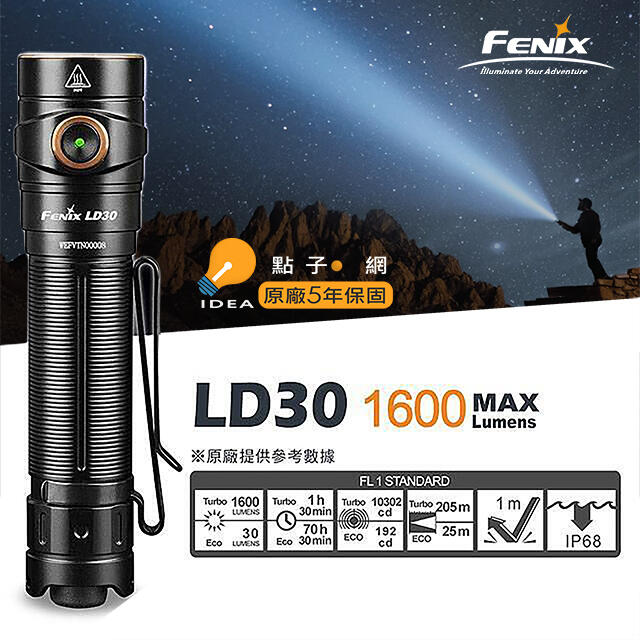 【點子網】FENIX LD30 1600流明 205米射程 附原廠電池 可USB充電 雙向抱夾輕巧戰術手電筒 EDC