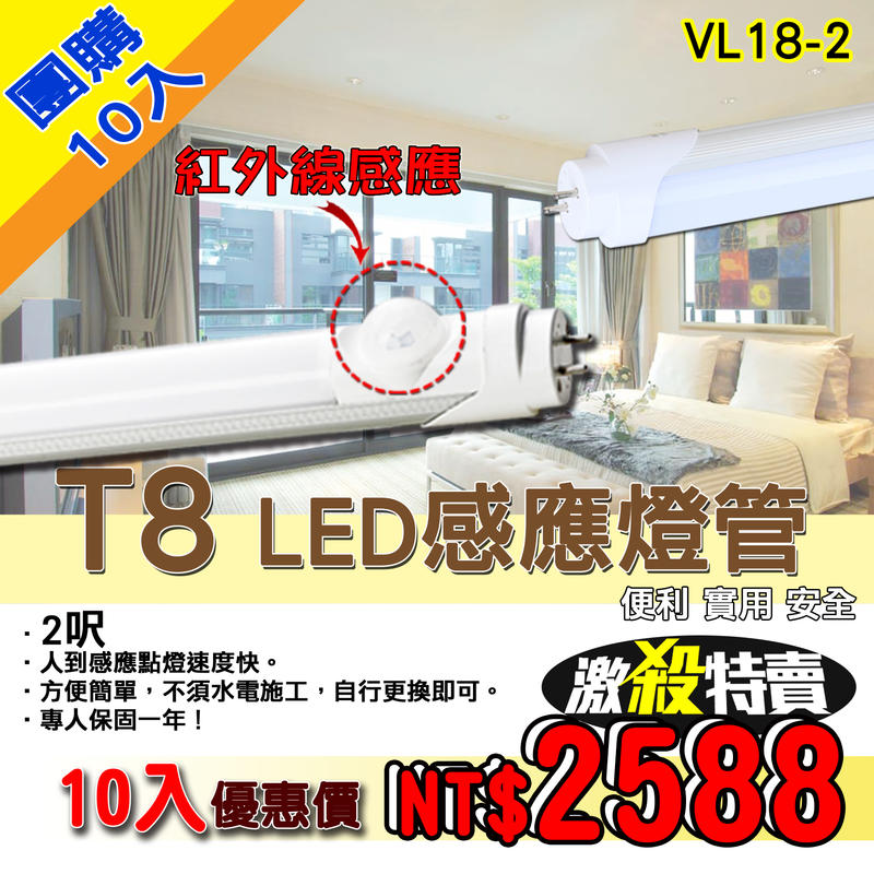 《團購10入》《基礎二館》(WUVL18-2) LED-2尺T8感應層板燈 可取代傳統層板燈/間接照明/可串接