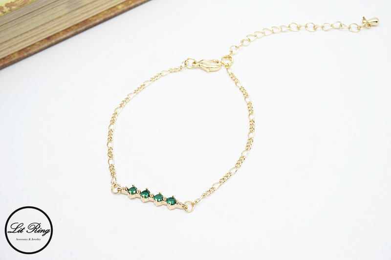 【Lit Ring】14K金銅鍍翠綠排鑽手鍊│Lit Ring 訂製 古典 金色 綠色 水鑽 寶石 細手鍊 手環 飾品