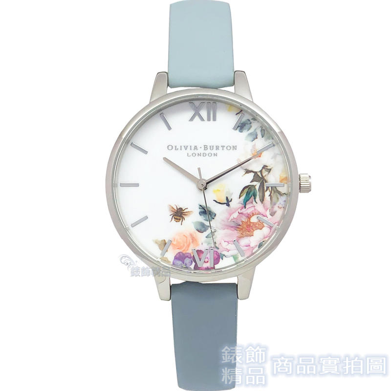 OLIVIA BURTON 手錶 OB16EG114 魔法花園 清新花卉蜜蜂印花 粉筆藍皮帶 34mm【錶飾精品】