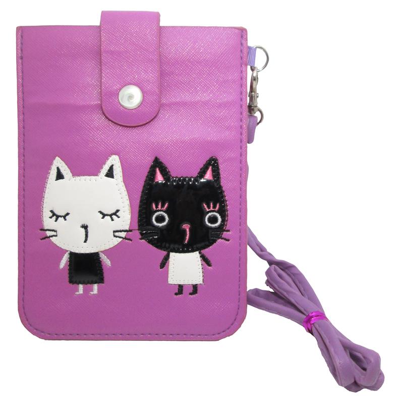 俏皮貓咪手機包/手機袋/卡夾/證件套 (附掛繩)-紫     扣子：吸鐵扣     尺寸：16 x 11.5cm